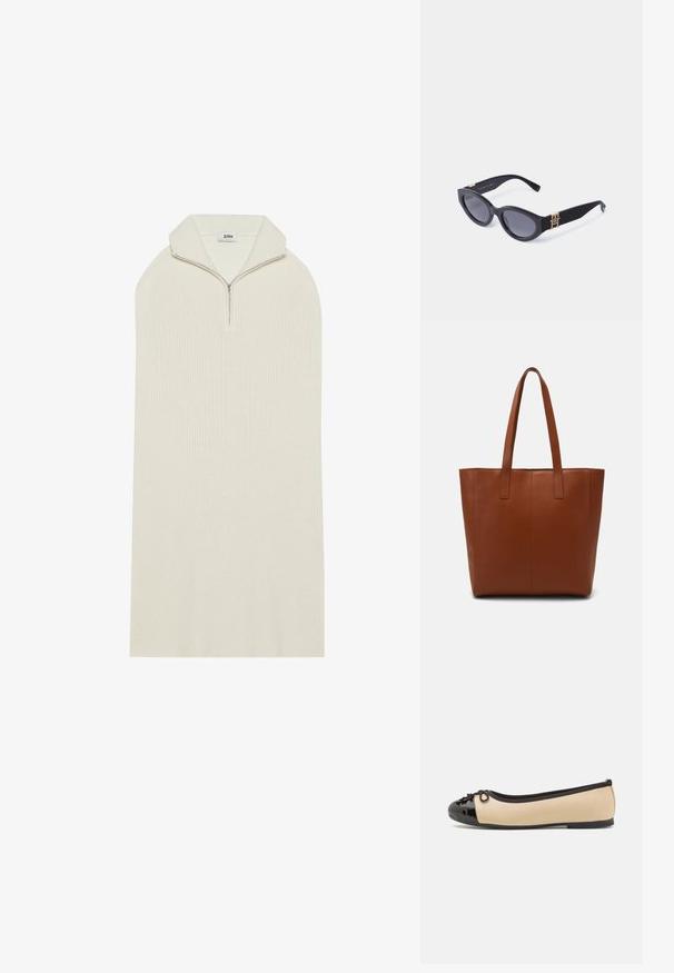 Cremfarbendes gestricktes Kleid mit hohem Kragen und Reißverschluss. Es hat eine lockere, verlängerte Form mit gerippter Textur. Keine sichtbaren Muster oder Akzente.; Ballerinas mit einem beigen Lederoberteil und einer glänzenden schwarzen Lackleder-Zehenkappe. Mit einem kleinen Schleifendetail an der Vorderseite. Flacher Absatz.; Schwarz kattige Sonnenbrille aus Kunststoff mit dunklen Gläsern und goldenen Logo-Akzenten an den Bügeln. Glatte Oberfläche, elegantes Design.; Braune Leder-Shopper-Tasche mit glatter Textur, vertikalen Nahtdetails und zwei flachen Tragegriffen. Offenes Oberteil-Design, geräumiger Innenraum.