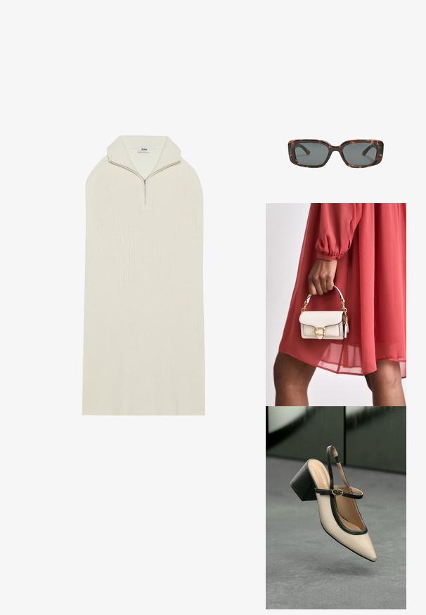 Krämfärgad stickad klänning med hög krage och dragkedjestängning. Har en lös, förlängd form med ribbad textur. Inga synliga mönster eller accenter.; Beige spetstoppad slingback-sko med svart kant, guldspänne och en kraftig blockklack på grått golv med mörkgrön bakgrund.; Sköldpaddsmönstrade solglasögon med rektangulära linser, tjocka bågar och mörkt tonade linser. Slät yta och minimalistisk design.; Vit läderhandväska med rektangulär form, gyllene detaljer och ett kort kedjehandtag, hålls i en hand, kombinerad med en röd klänning.