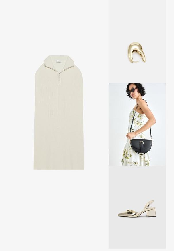Abito lavorato a maglia di colore panna con colletto alto e chiusura con zip. Presenta una forma allentata e allungata con una texture a costine. Nessun motivo o dettaglio visibile.; Tacchi slingback metallici color oro con punta appuntita e tacco grosso. Texture liscia, design minimalista e una cinghia stretta.; Borsa a tracolla nera in pelle con una forma curva, manico rimovibile e accessori dorati. La borsa presenta una patta con un dettaglio a fibbia.; Orecchino in metallo color oro con un design elegante e curvo. Presenta una forma appuntita distintiva, superficie lucida e chiusura a cerniera.