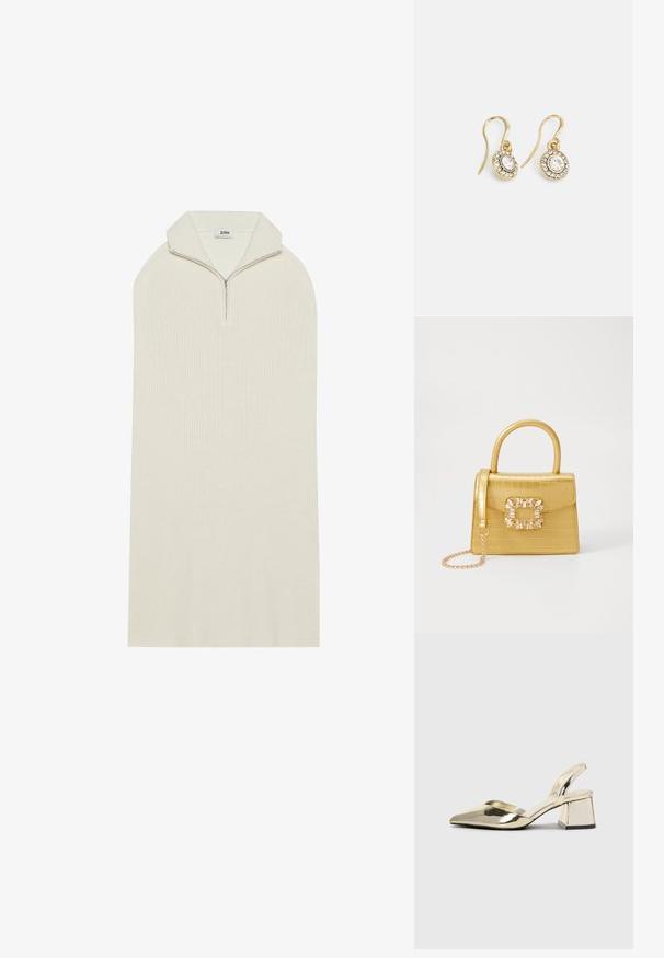 Crème-kleurige gebreide jurk met een hoge kraag en ritssluiting. Beschikt over een losse, verlengde pasvorm met een ribbelstructuur. Geen zichtbare patronen of accenten.; Gouden, metalen slingback hakken met een spitse neus en een chunky hak. Glad oppervlak, minimalistisch ontwerp en een smalle band.; Geel faux-krokodillenhandtas met een gestructureerd ontwerp, bovenhandvat, afneembare kettingriem en decoratieve kristallen versiering op de sluiting.; Goudkleurige oorbellen met ovaalvormige heldere kristallen omringd door kleinere heldere stenen, met een haakontwerp voor een veilige draagervaring.