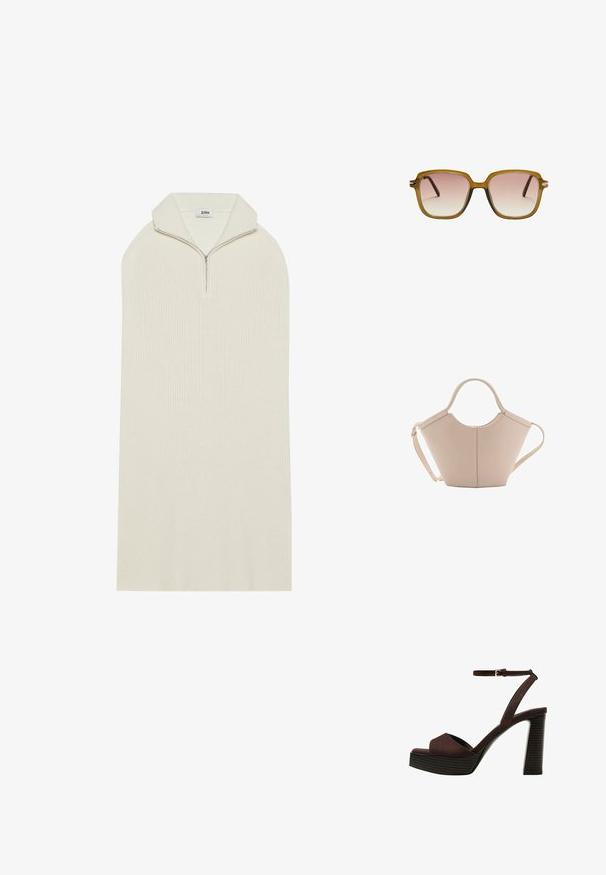 Krémové pletené šaty s vysokým golierom a zipsovým zapínaním. Majú voľný, predĺžený strih s rebrovanou textúrou. Bez viditeľných vzorov alebo akcentov.; Hnedé semišové sandále na vysokom podpätku s otvorenou špičkou, nastaviteľným členkovým remienkom a pruhovanou platformovou podrážkou.; Štvorcové slnečné okuliare s svetlohnedým priehľadným rámom, gradientnými ružovými sklami a tmavohnedými bočnými ramenami. Minimalistický dizajn s jemnými detailmi.; Béžová kožená kabelka s unikátnym tvarom, vybavená dvoma krátkymi uchami a jedným dlhým nastaviteľným popruhom. Hladký povrch s minimálnym kovovým príslušenstvom.