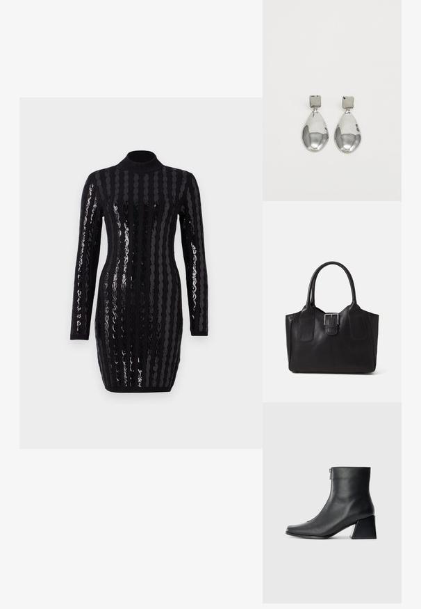 Svart långärmad klänning med glänsande vertikala paljettsripes, hög hals, figurnära silhuett, med ribbad textur vid ärmslut och nederkant.; Svart läderankelboot med fyrkantig tå, sidodragkedja och klack mot en enkel ljus bakgrund.; Svart läder tote-väska med slät yta, strukturerad form, två handtag och en framträdande silverfärgad spänne på framsidan.; Silvriga droppörhängen med en kvadratisk stift, med en slät, polerad yta och en tårform, som reflekterar ljus med en glansig yta.