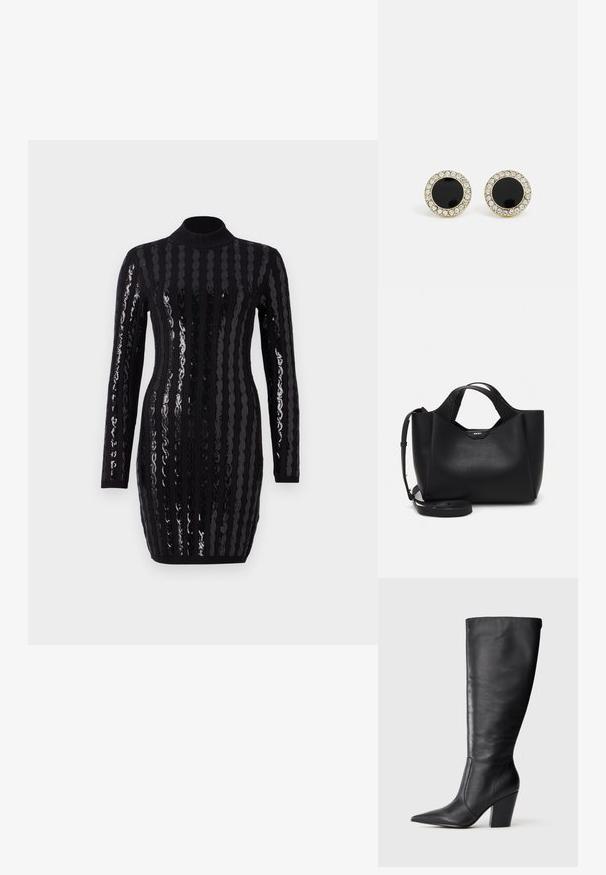 Rochie neagră cu mânecă lungă, decorată cu dungi verticale din paiete strălucitoare, cu un guler înalt, siluetă ajustată și textură zimțată la mânici și tiv.; Botină neagră din piele, până la genunchi, cu vârf ascuțit și toc gros, prezentată în profil stâng pe un fundal alb.; Geantă de mână din piele neagră cu finisaj texturat, formă unghiulară, două mânere și o curea de umăr reglabilă. Include un accent cu logo-ul DKNY.; DKNY INLAY STUD - Cercei - black/gold-coloured