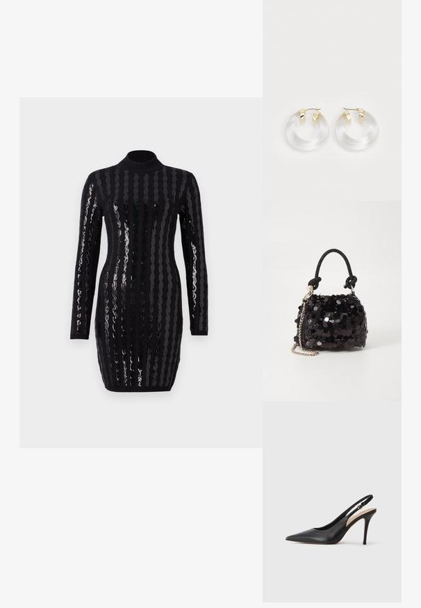Svart langermet kjole med skinnende vertikale paljettstriper, høy hals, figursydd snitt, med ribbet tekstur ved ermene og kanten.; Svart lær slingback høye hæler med spiss tå, glatt tekstur og en delikat stropp med en metallisk spenne.; Svart paljettmini-veske med en knyttet teksturert stropp og sølvkjede. Rund form med samlet topp og reflekterende detaljer.; Klare akrylringer med gullfarget metalldetaljer og en polert finish. Har en jevn, sirkulær design.