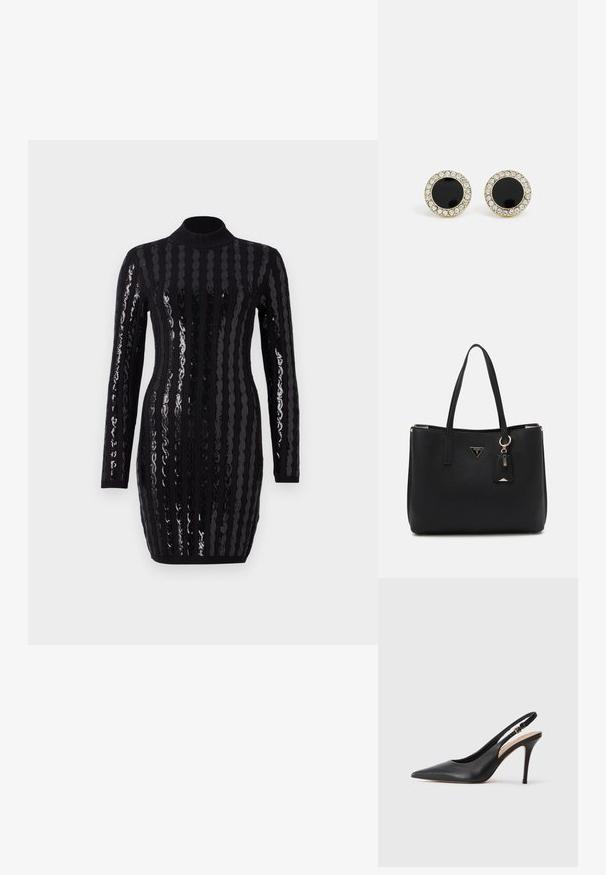 Fekete, hosszú ujjú ruha, fényes, függőleges flittercsíkokkal, magas nyakkivágással, testhez simuló fazonnal, bordázott textúrával a mandzsettákon és az alján.; Fekete bőr, slingback stílusú, magassarkú cipő, hegyes orral, sima felülettel, és egy finom pánttal, amelyen fémből készült csat található.; Fekete tote táska strukturált szintetikus anyagból, két fogantyúval, arany logó táblával és egy kis címkével, amely kiemelő részletet tartalmaz.; DKNY INLAY STUD - Fülbevalók - black/gold-coloured