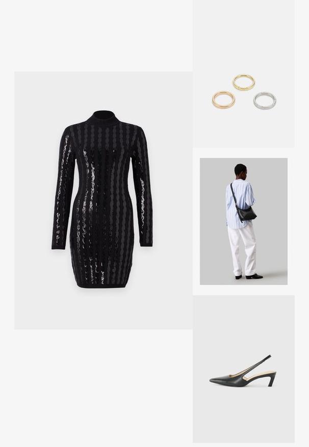 Fekete, hosszú ujjú ruha, fényes, függőleges flittercsíkokkal, magas nyakkivágással, testhez simuló fazonnal, bordázott textúrával a mandzsettákon és az alján.; Fekete, hegyes orrú, slingback cipő alacsony sarkával, sima bőrből készült, oldalt kivágott deisgnal a légáteresztőképesség érdekében.; Fekete bőr válltáska puha tapintással, háromszög alakú, állítható pánttal, világoskék csíkos inggel és fehér nadrággal párosítva.; Három fémgyűrű: az egyik rose gold, a másik texturált akcentusokkal ellátott arany, a harmadik pedig ezüst, mindegyiken gravírozott márkajelzés található a belső sávon.