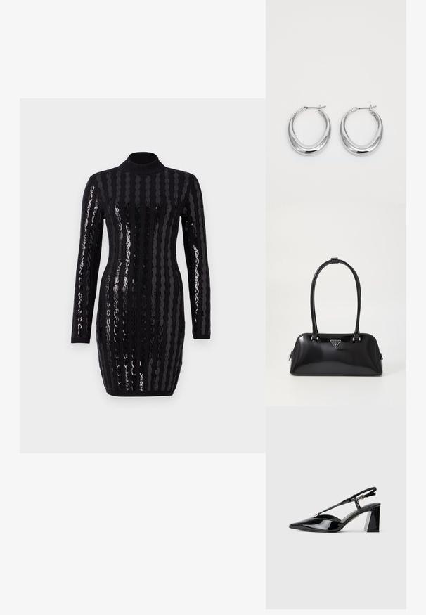 Črna obleka z dolgimi rokavi, ki ima sijoče vertikalne bleščice, visok ovratnik in prilegajočo silhueto, ter rebrasto teksturo na manšetah in robu.; Črne lakirane slingback visoke pete z ostrim nosom, nastavljivim trakcem in debelim pravokotnim peto.; Črna sijoča torba s krivuljasto silhueto, dvema ročkama in sprednjo ploščico z logotipom. Zadrga za zapiranje in sijajni kovinski dodatki.; Par srebrne polirane obroče v obliki lune z zankami na belem ozadju.