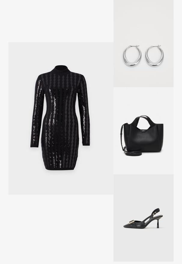 Svart langermet kjole med skinnende vertikale paljettstriper, høy hals, figursydd snitt, med ribbet tekstur ved ermene og kanten.; Svart skinn slingback-sko med spiss tå, slank hæl og gullfarget detalj på vampen. Glatt tekstur og strukturert design.; Svart skinnhåndveske med teksturert finish, vinklet form, doble håndtak og justerbar skulderrem. Har et DKNY-logo som detaljer.; Et par polerte sølv halvmåne hoop øredobber med hengselspenner på hvit bakgrunn.