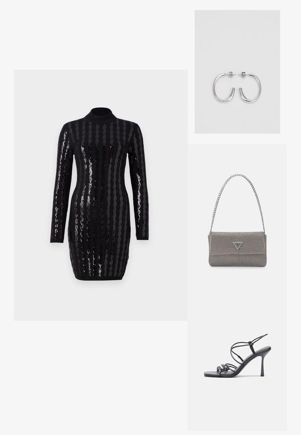 Abito lungo nero a maniche lunghe con strisce verticali di paillettes lucide, scollatura alta, silhouette aderente, con struttura a coste sui polsini e sull'orlo.; Sandali neri con tacco alto presentano sottili cinturini con design annodato, una punta quadrata liscia e un elegante tacco a spillo.; Borsa a mano metallica grigia chiara con tracolla a catena, impreziosita da piccoli chiodi metallici circolari e da un logo triangolare del marchio.; Orecchini a cerchio in argento con una finitura liscia e lucente. Forma arrotondata, design leggero, con chiusura a perno.