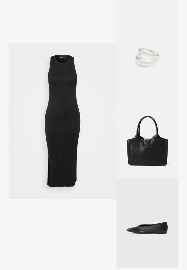 Czarna ribbed dzianinowa sukienka bez rękawów, dopasowany krój, długość do połowy łydki, z bocznym rozcięciem dla swobody ruchów, minimalistyczny styl.; Czarne baleriny z lakierowanej skóry, spiczasty nosek, minimalistyczny design, gładka faktura, niskie obcasy, bez widocznych elementów metalowych czy ozdób.; Czarna skórzana torba tote o gładkiej fakturze, usztywnionym kształcie, dwóch uchwytach oraz wyraźnym srebrnym zapięciu na przodzie.; Srebrna obrączka podwójna z gładką, polerowaną powierzchnią. Posiada płynny, zakrzywiony kształt z nakładającymi się sekcjami, co nadaje nowoczesny wygląd.