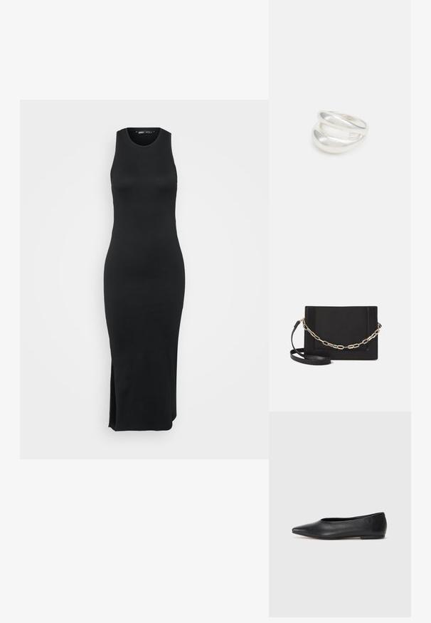 Czarna ribbed dzianinowa sukienka bez rękawów, dopasowany krój, długość do połowy łydki, z bocznym rozcięciem dla swobody ruchów, minimalistyczny styl.; Czarne baleriny z lakierowanej skóry, spiczasty nosek, minimalistyczny design, gładka faktura, niskie obcasy, bez widocznych elementów metalowych czy ozdób.; Czarna skórzana torebka typu crossbody z gładką teksturą, prostokątnym kształtem oraz metalowym detalem w postaci łańcuszka z przodu. W zestawie regulowany pasek.; Srebrna obrączka podwójna z gładką, polerowaną powierzchnią. Posiada płynny, zakrzywiony kształt z nakładającymi się sekcjami, co nadaje nowoczesny wygląd.