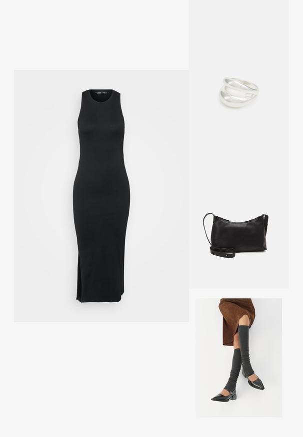 Mustmust teksas, ilma varrukat, kehaJätke kujundus, midi pikkus, külgsilk, mis tagab liikumisvabaduse, minimalistik stiil.; Mustad patsaline odav värviga kingad, millel on kreen ja pahkluuring, on paaritatud hallide ribakudumitega sääremiidega ja pruunist nahast seelikuga.; Mustmust nahk õlakotil on sile tekstuur, kumer kuju, reguleeritav rihm ja lukuga sulgemine. Minimalistlik disain ilma kaunistusteta.; Hõbedane kahekordne rõngas sujuva, poleeritud pinnaga. Omab voolavat, kõverat disaini, millel on kattuvad sektsioonid, et saavutada kaasaegne ilme.