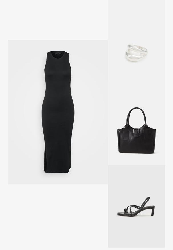 Mustmust teksas, ilma varrukat, kehaJätke kujundus, midi pikkus, külgsilk, mis tagab liikumisvabaduse, minimalistik stiil.; Mustast rihmajalatsid ruudukujulise varba ja madala ploki kontsaga. Omab mitmeid õhukesi rihmasid ja reguleeritavat pahkluu rihma. Valmistatud siledast nahast.; Mustgamma nahast kott, millel on sile tekstuur, struktureeritud kuju, kaks käepidet ja esiküljel silmapaistev hõbedane pandla detail.; Hõbedane kahekordne rõngas sujuva, poleeritud pinnaga. Omab voolavat, kõverat disaini, millel on kattuvad sektsioonid, et saavutada kaasaegne ilme.