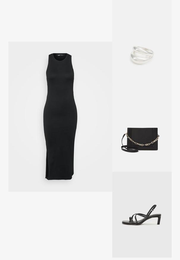 Black ribbed knit sleeveless dress, form-fitting design, mid-calf length, features side slit for ease of movement, minimalistic style.; Black strappy sandal with a square toe and a low block heel. Features multiple thin straps and an adjustable ankle strap. Made of smooth leather.; Black leather crossbody bag featuring a smooth texture, rectangular shape, and a metallic chain detail on the front. Adjustable strap included.; Silver double-band ring with a smooth, polished surface. Features a fluid, curved design with overlapping sections for a modern look.
