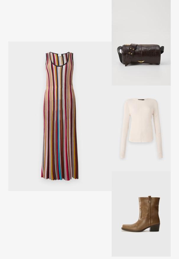 Rochie lungă fără mâneci, cu dubluri verticale în roșu, roz, muștar, brun, albastru și negru, pe un fundal deschis.; Top cu mânecă lungă, de culoare bej deschis, cu decolteu rotund. Realizat dintr-un material moale, prezintă o cusătură centrală și un tiv ușor curbat. Fără elemente de prindere vizibile.; Botine din piele maro, cu vârf pătrat, finisaj texturat și toc mic, îngrămădit. Prezentă un tab de tragere la spate și detalii subtile de coasere.; Geantă din piele căptușită cu un model de crocodil de culoare maro, cu o formă cilindrică, accesorii de culoare aurie și un curea detasabilă cu tăieturi.