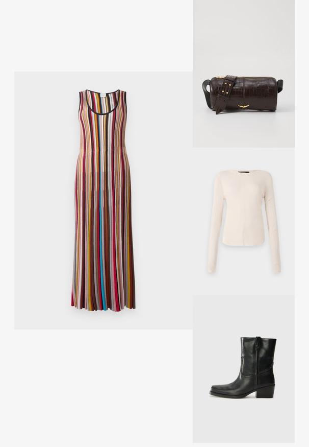 Bez piedurknēm garā kleita ar vertikālām svītrām sarkanā, rozā, sinepju, brūnā, zilā un melnā krāsā uz gaiša fona.; Ilgi piedurkņu, gaiši bēšas krāsas blūze ar apaļu dekoltē. Izgatavota no mīksta auduma, ar centrālo šuvi un nedaudz izliekta apakšmala. Nav redzamu papildus elementu.; Melna ādas potīte ar noapaļotu purngalu, bloku papēdi, sānu rāvējslēdzēju un šuvju akcentiem uz virsmas. Gluda tekstūra, klasiskā dizaina.; Brūna krokodila ādas soma ar cilindrisku formu, zelta toni aparatūru un noņemamu siksnu ar studiem.