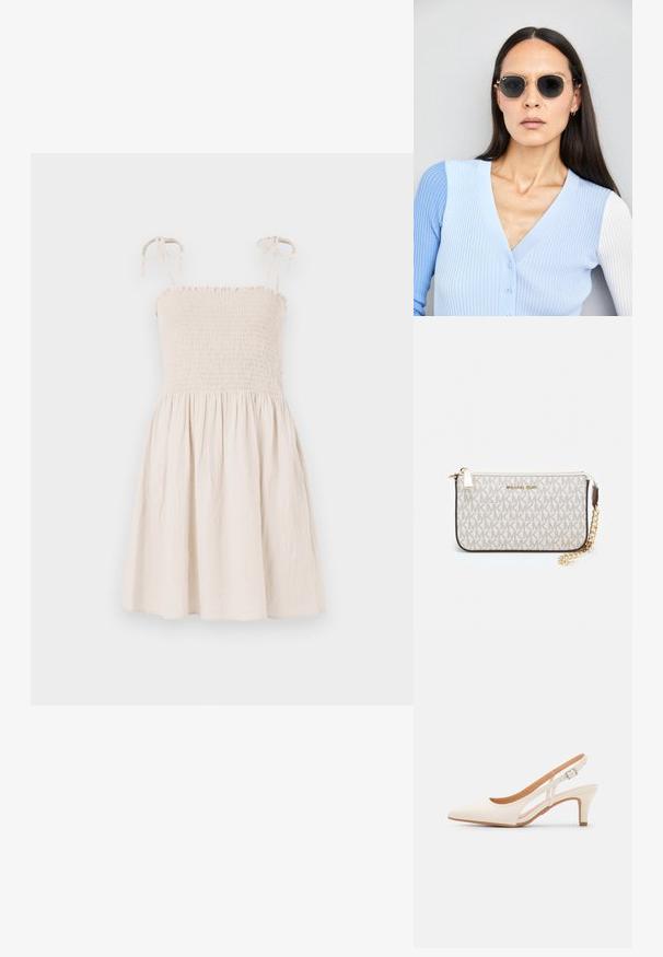 Bežs, bez piedurknēm, kleita ar smockētu korpusu, regulējamiem saites pleciem un izplatītu svārku. Izgatavota no viegla, teksturēta auduma.; Baltas siksniņveida papēdis ar smailu purngalu, gludu augšējo materiālu, zemu blokpapēdi un sānu izgriezumu dizainu ar regulējamu sprādzi.; Apaļas saulesbrilles ar tumšiem objektīviem un zeltītām rāmēm. Modelis valkā gaiši zilu, ribotu kardigānu ar pogām un kontrastējošām baltām piedurknēm.; Michaela Korsa rokassomi bez̦ā īšojuma, kas izgatavota no apklāta kanvas, iekļaujot atkārtotu MK logotipa rakstu, zelta aparatūru un noņemamu ķēdes siksnu.