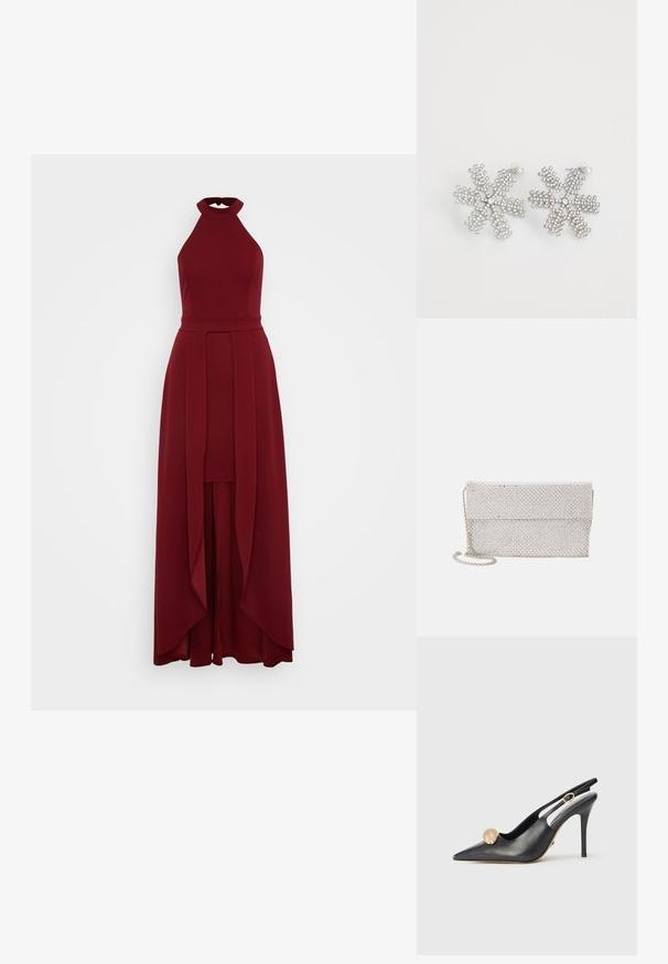 WAL G TALL YANNY HALTER NECK BODYCON - Trikotāžas kleita - cherry wine; Melnas ādas sandales ar norādītu purngalu, zelta bumbu akcentu un šauru papēdi. Iespējots izgriezums apkārt potītei.; Sudraba sieta pošu soma ar teksturētu, austas dizaina, kurai ir salokāms vāks un noņemama ķēdes siksna nēsāšanai.; Sudraba sniega pārslu auskari, rotāti ar rhinestones, ar trīsdimensiju dizainu un pērlīti augšpusē.