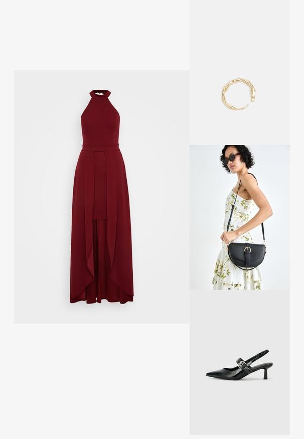 WAL G TALL YANNY HALTER NECK BODYCON - Trikotaažkleit - cherry wine; Mustad patenteeritud nahast sildiga kontsad, millel on terav nina ja väike plokk-konts, mille rihmal on hõbedane pandla aksessuaar.; Mustmust mustraha kõverate joontega, eemaldatava rihmaga ja kuldsete detailidega. Kotil on klapp, millel on pandladetail.; Kuldtoonis sõrmus, millel on orgaaniline, keerdunud disain sileda tekstuuri ja kitsenevate otstega, luues kaasaegse skulptuurilise välimuse.