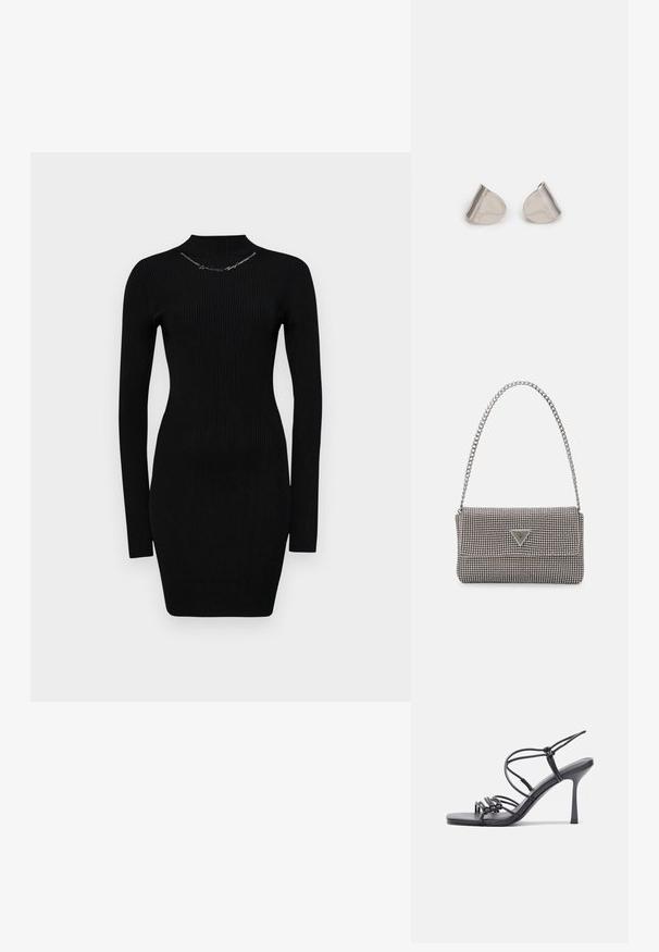 Abito lungo a maniche lunghe nero a coste, con scollo alto, vestibilità aderente e dettagli argentati sul colletto. Design semplice e aderente.; Sandali neri con tacco alto presentano sottili cinturini con design annodato, una punta quadrata liscia e un elegante tacco a spillo.; Borsa a mano metallica grigia chiara con tracolla a catena, impreziosita da piccoli chiodi metallici circolari e da un logo triangolare del marchio.; Orecchini in metallo argentato con forma a goccia liscia e finitura lucida. Incisioni sottili aggiungono dettagli. Design minimalista.