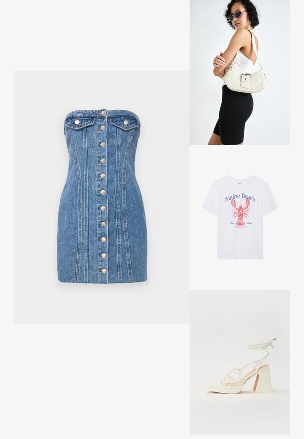 Šviesiai mėlynas džinsinis mini Suknelė be petnešų su sidabro mygtukais priekyje, dviem krūtinės kišenėmis ir vertikaliomis siūlėmis.; Balta medvilninė trumpa rankovė marškiniai su raudonu omaro piešiniu ir mėlynu tekstu, kuris sako "Maine Beach geriausias omaras iš Masačiusetso."; Balti aukštakulniai sandalai su masyviu kulnu, su dirželių dizainu ir kulkšnies raiščiu. Lygi tekstūra su platforma priekyje, suteikianti papildomą aukštį.; Balta odinė rankinė su kreiva forma, reguliuojama dirželiu ir mažu sagties akcentu. Modelis vilki priglundančius juodus drabužius.