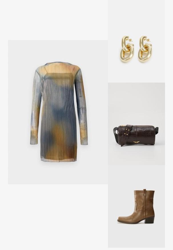 Robe transparente plissée à manches longues, présentant un dégradé de teintes bleu, jaune et marron. Encolure ronde ; tissu léger et fluide.; Bottine en cuir marron avec un orteil carré, une finition texturée et un petit talon empilé. Présente une languette à l'arrière et des détails de couture subtils.; Sac en cuir embossé crocodile marron avec une forme cylindrique, quincaillerie dorée et une bandoulière détachable ornée de clous.; Rabanne XL LINK DOUBLE HOOP EARRINGS - Boucles d'oreilles - gold-coloured