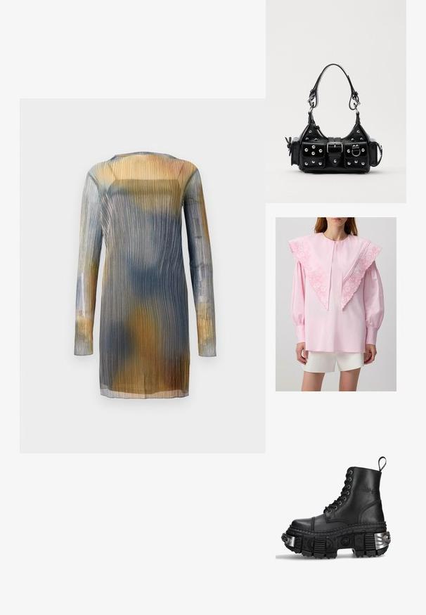 Gennemsigtig, plisseret kjole med lange ærmer, der har en gradient af blå, gul og brunnuancer. Rundet halsudskæring; letvægts, flydende stof.; Pink skjorte med en stor, broderet krave med blomstermønstre, lange ærmer og samlede manchetter, parret med hvide shorts.; Sort læder kampstøvle med høj krave, rund tå, tyk tekstureret sål, sølvfarvede hardwaredetaljer og karakteristisk sålmønster.; Sort læderhåndtaske med et buet design, prydet med sølvfarvede nitter, en spænde og to sidelommer. Justerbar rem til forskellige bære muligheder.
