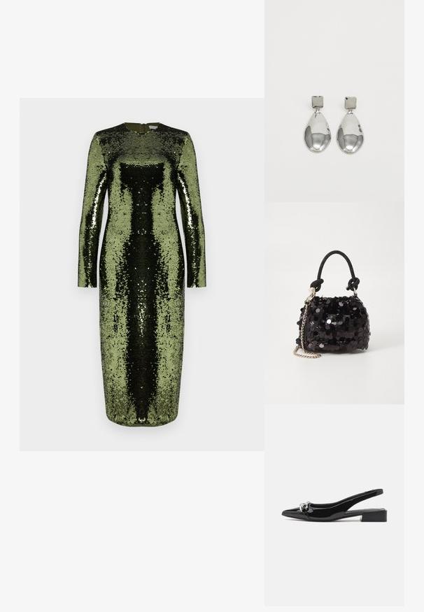 Langermet, gulvlengde kjole dekket med grønne og svarte paljetter. Har rund halslinning og glidelås i ryggen.; Sorte patentlær slingback-sko med spiss tå, detaljer i sølv og lav blokkheel. Glatt, skinnende tekstur gjennom hele.; Svart paljettmini-veske med en knyttet teksturert stropp og sølvkjede. Rund form med samlet topp og reflekterende detaljer.; Sølv dråpeøreringer med firkantet studs, med en glatt, polert overflate og en tåreformet design som reflekterer lys med en blank overflate.