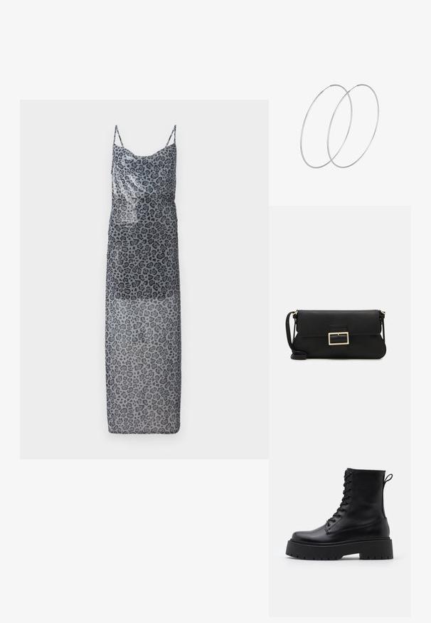 Maxi haljina s uzorkom leoparda izrađena od prozirnog sivo tkanine. Ima tanke naramenice i slobodan kroj, prikazujući ombre efekt od tamne do svijetle nijanse.; Crne kožne gležnjače s okruglim vrhom, vezanjem sprijeda i debelim gumenim potplatom s teksturiranim uzorkom. Tipa: traka za vuču na stražnjoj strani.; Crna kožna clutch torbica s preklopom i zlatnim metalnim detaljem kopče. Uključuje crnu trakicu i elegantan, minimalistički dizajn.; Srebrne okrugle naušnice s minimalističkim dizajnom. Kružni oblik, glatka tekstura i tanak profil. Lagane s poliranim završetkom.