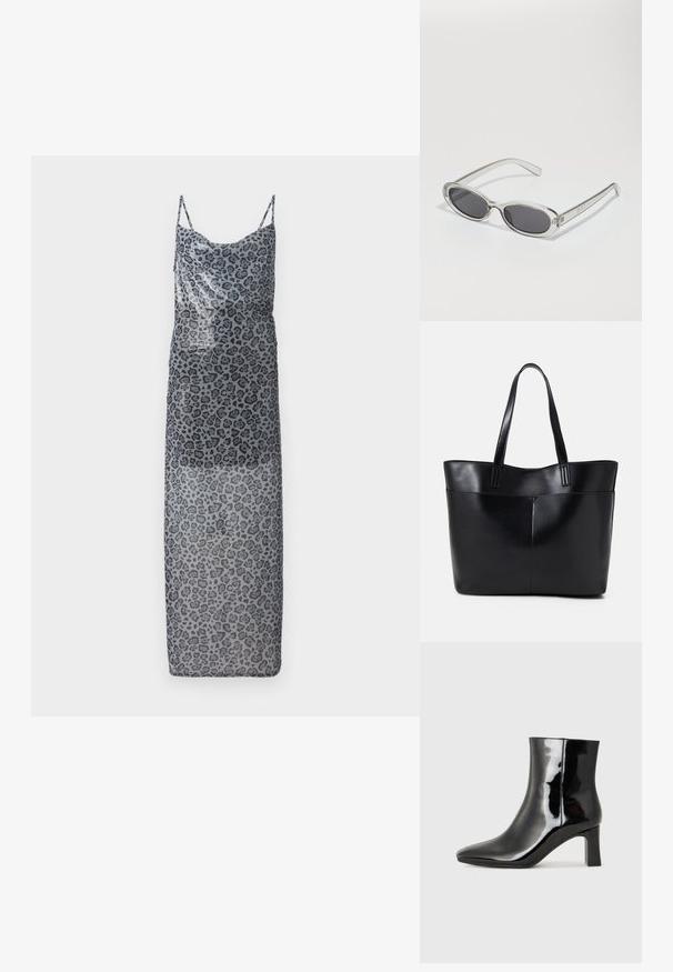 Maksi obleka s leopardjim vzorcem v prosojni sivi tkanini. Ima tanke naramnice in ohlapen kroj, ki prikazuje ombre učinek od temnega do svetlega.; Črne lakirane gležnjarje z ošiljenim nosom in srednje visokim blokastim peto. Gladka tekstura in minimalističen dizajn.; Sončna očala ovalne oblike, prozoren plastičen okvir, temno sivi leči in tanke prozorne roke z logotipnimi akcenti in minimalnimi detajli.; Črna usnjena torba z dvema dolgima ročajema, gladko teksturo in strukturirano obliko. Ima sprednji žep za dodatno shranjevanje.
