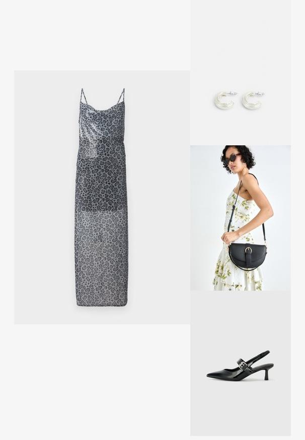 Leopardmönstrad maxiklänning i transparent grått tyg. Har tunna axelband och en lös passform, med en ombre-effekt som går från mörk till ljus.; Svarta patentläder slingback-klackar med spetsig tå och en liten blockklack, med en silvrig spänneaccent på remmen.; Svart läderhandväska med en böjd form, avtagbar rem och guldiga detaljer. Väskan har ett lock med en spänndetalj.; Silverfärgade örhängen i en vriden ringdesign, med en texturerad yta och ribbad dekor, som fästs med en postklämma.