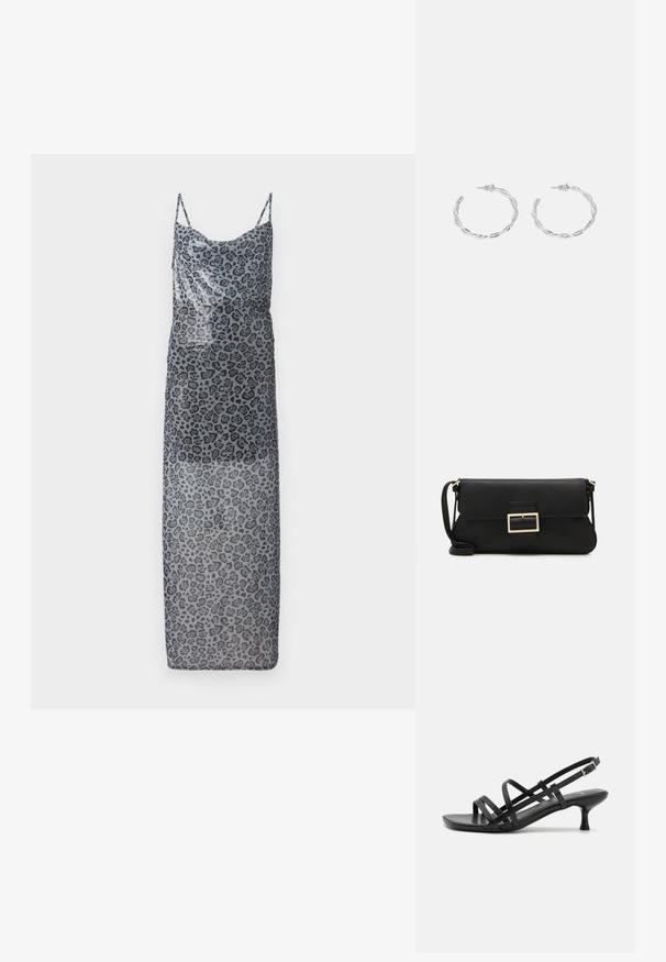 Leopardų rašto maxi suknelė iš permatomos pilkos medžiagos. Ji turi plonas petnešas ir laisvą siluetą, demonstruojantį ombre efektą, pereinantį iš tamsios į šviesią.; Juodos aukštakulnės šlepetės su keliais perrištomis juostelėmis. Lygi medžiaga, smailas nosis ir siauras kulnas. Reguliuojama kulkšnies juostelė su sagtimi.; Juodas odinis dėkliukas su atvarteliu ir auksinės metalinės sagties detalėmis. Įeina juodas diržas ir elegantiškas, minimalistinis dizainas.; Sidabriniai auskarai žiedai su sukto dizaino, turintys poliruotą apdailą ir fiksavimo smeigtuką. Skersmuo maždaug 3 cm.
