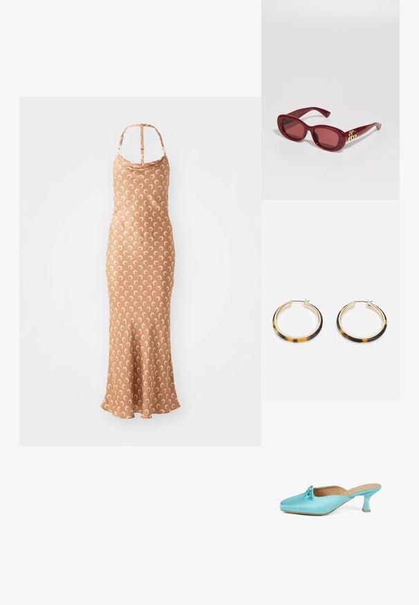 Brūns pieguļošs kleita ar apaļu kakla izgriezumu, plānām siksnām un izsistu apakšmalu. Visā kleitā ir krēmkrāsas pusmēness raksts.; Akvamāls satīna mūlis ar kvadrātu purngalu, akcentētu loku detaļu un īsu, masīvu papēdi. Gluda tekstūra un minimālistisks dizains.; Sarkanas plastmasas saulesbrilles ar taisnstūra rāmjiem, tonētiem lēciem un zelta logotipa akcentiem uz tempļiem. Gluda, spīdīga apdare.; Zelta toņa riņķveida auskari ar bruņurupuču raksta sveķu ārējo malu, ar gludu apdari un elegantu, apaļu formu.