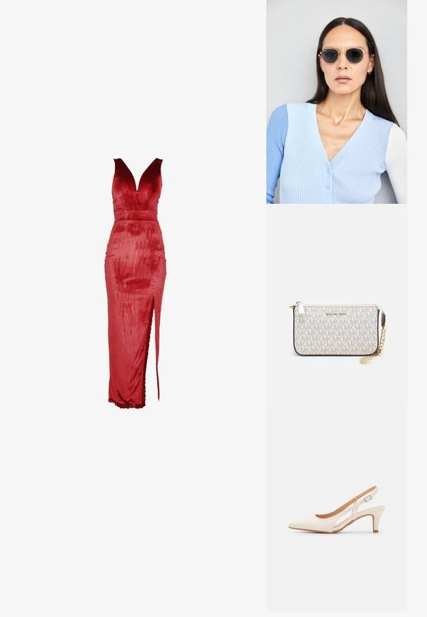 Červené sametové šaty s hlubokým výstřihem do V, přiléhavým živůtkem a bočním rozparkem. Design má hladkou texturu a krajkový lem na spodním okraji.; Bílé lodičky na podpatku s špicatou špičkou, hladkým svrškem, nízkým blokovým podpatkem a designem s bočním výřezem se stahovací sponou.; Kulaté sluneční brýle s tmavými čočkami a zlatými rámy. Modelka má na sobě světle modrý žebrovaný kardigan s knoflíky a kontrastními bílými rukávy.; Kabelka na zápěstí Michael Kors v béžové potažené plátno s opakujícím se vzorem loga MK, zlatými kovovými doplňky a odnímatelným řetízkovým popruhem.