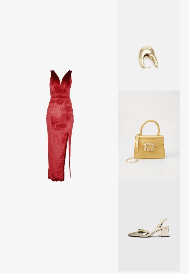 Rdeča žametna obleka z globokim V-izrezom, oprijetim korzetom in stranskim razporkom. Oblikovanje vključuje gladko teksturo in čipkasto obrobo na robu.; Zlati, kovinski slingback čeveljci z ostrim nosom in masivnim peto. Gladka tekstura, minimalistična zasnova in ozka zanka.; Rumeno usnjeno-usnje z vzorcem krokodila, s strukturiranim dizajnom, zgornjo ročajem, snemljivo verižico in dekorativnim kristalnim okrasjem na zaponki.; Uhane nakit iz zlatastega tona z gladko, ukrivljeno zasnovo. Ima edinstveno koničasto obliko, polirano površino in zaponko s tečajem.