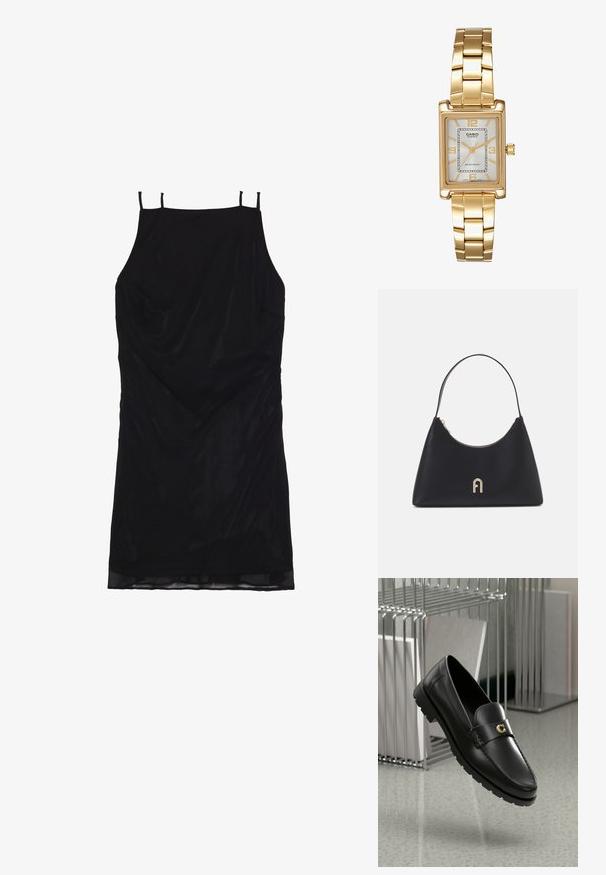 Melns bez piedurknēm tērps, izgatavots no gludas auduma, ar plāniem siksniņām un plūstošu dizainu ar viegli izliekta apakšmala.; Melni ādas puķu zābaki ar paceltu šuvi, zeltītu logotipu un strukturētu siksnu. Iezīmē biezs, izturīgs gumijas zole.; Melnas ādas rokassoma ar izliekta formu, īsu rokturi, zelta aksesuāriem un augšējo rāvējslēdzēju. Priekšpusē ir logotipa akcents.; Zelta tonis taisnstūra rokas pulkstenis ar balto ciparnīcu, sudraba tonis stundu rādītājiem un izturīgu metāla saiti. Iekļauta ūdens izturība.