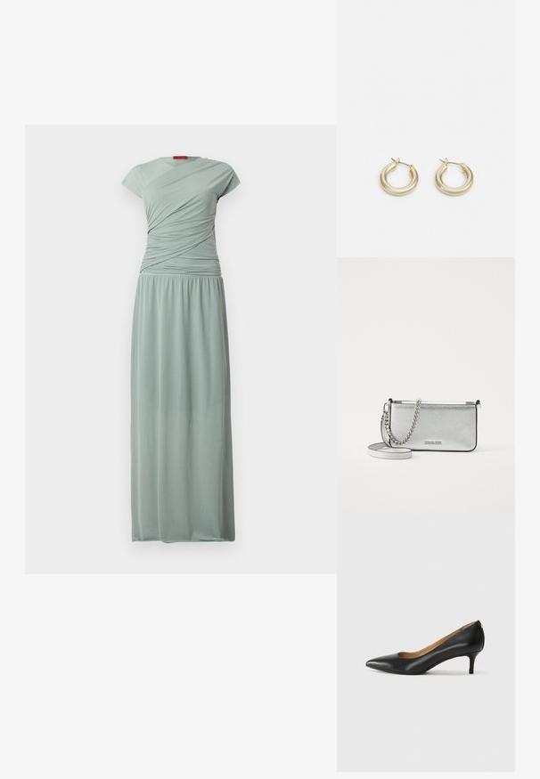 Long, fitted dress in light green fabric. Features a cap sleeve and a ruched bodice, flowing down to a gathered, elasticized waist.; Black leather pump with a pointed toe, low heel, and a smooth texture. Features a slight opening at the front and minimal hardware at the back.; Silver leather crossbody bag with a textured finish, chain and strap accents, and a zipper closure. Features a logo on the front.; Lauren Ralph Lauren BASIC SMALL HOOP - Earrings - gold-coloured