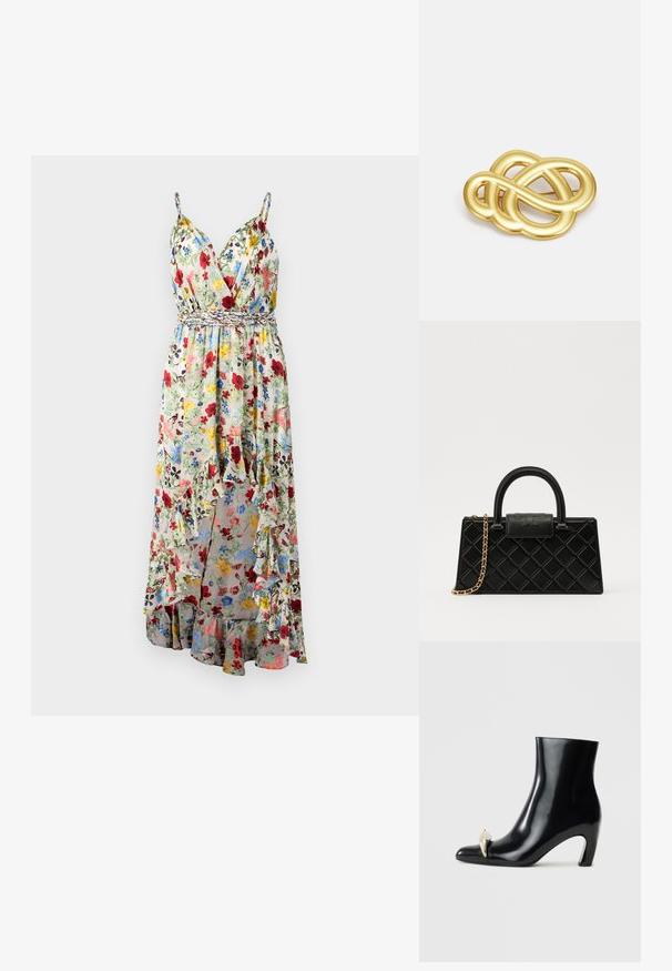 Alice + Olivia TARA CASCADING RUFFLE MIDI DRESS - Maxi dress - dollhouse; Black ankle boot made of glossy leather, featuring a pointed toe and a decorative gold and silver accent at the front. Block heel design.; Black handbag made of textured leather, featuring a diamond pattern, gold-tone chain strap, and a top handle with a logo-embossed flap closure.; Gold-tone brooch featuring a knotted design with smooth, curved lines and an intricate shape, reflecting a polished finish.