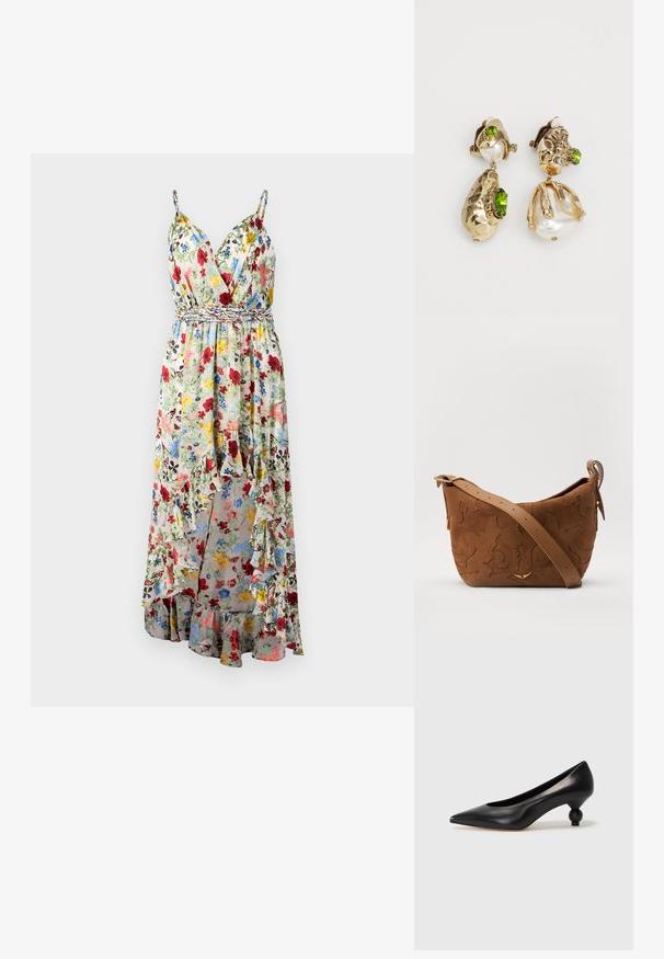 Alice + Olivia TARA CASCADING RUFFLE MIDI DRESS - Maxi šaty - dollhouse; Čierna kožená vysoká topánka na podpätku s ostrým špičkou a okrúhlym, guľatým podpätkom. Hladký povrch s moderným, minimalistickým dizajnom.; Hnedá semišová kabelka na rameno s embosovaným kvetinovým vzorom, doplnená hladkým hnedým koženým popruhom a zlatými kovovými doplnkami.; Náušnice v zlatej farbe majú nepravidelné textúrované tvary, zdobené zelenými drahokamami a bielymi perlami, zabezpečené klipsovými uzávermi.