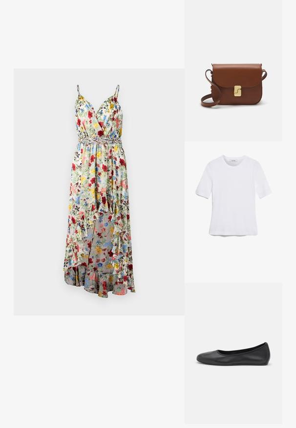 Alice + Olivia TARA CASCADING RUFFLE MIDI DRESS - Maxi ruha - dollhouse; Fehér, rövid ujjú póló ribbed anyagból. Kerek nyakkivágás, normál szabás és diszkrét varrási részletek. Nincsenek minták vagy grafikák.; Fekete bőr balettcipő lekerekített orral, sima tekstúrával, minimális varrással és rugalmas talp kialakítással.; Barna bőr kézitáska, hajtókás zárással, arany színű fém kiegészítőkkel, vállpánttal és sima felülettel. Kompakt téglalap alakú.