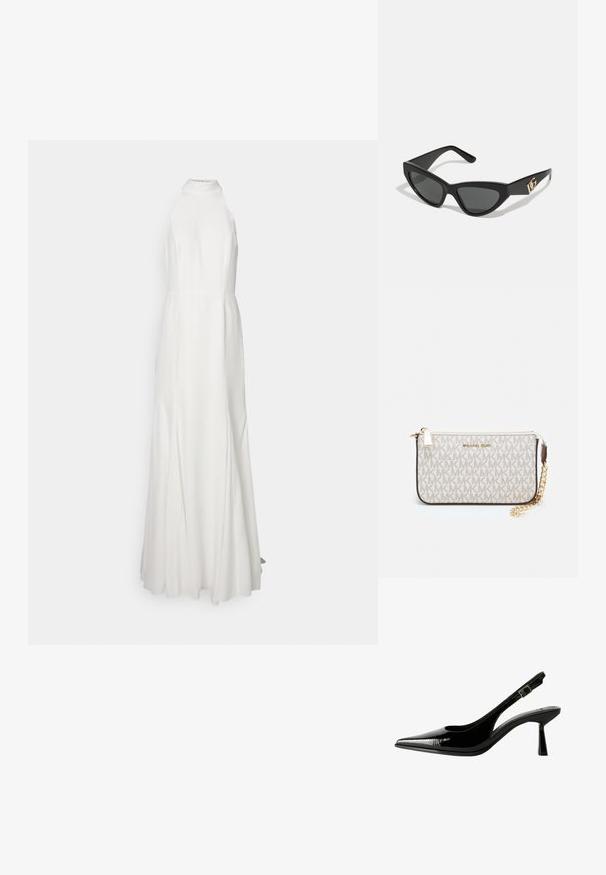 Dolga, bela obleka s halter ovratnikom, prilegajočim bodijem in tekočim krilom. Gladka tekstura blaga, brez vidnih vzorcev ali dodatkov.; Črne lakirane slingback čevlje s koničastim nosom, izrezanimi stranicami, nastavljivim gležnjarjem in tankim, elegantnim peto.; Sončne naočale v mačjem stilu z mat črnim plastičnim okvirjem, temnimi lečami in zlatim logotipom na tempeljih. Kotačast dizajn in gladka tekstura.; Michael Kors denarnica v bež lakiranem platnu z mišičnim vzorcem ponavljajočega se logotipa MK, z zlatim okovjem in snemljivo verižico.