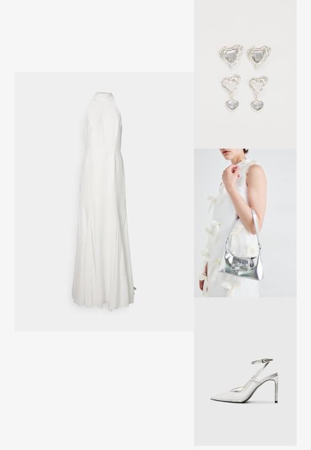 Abito lungo bianco con scollo all'americana, con un corpetto aderente e gonna fluida. Tessuto morbido, senza motivi o decorazioni visibili.; Scarpa con tacco a stiletto trasparente e punta affilata, realizzata in materiale trasparente, con dettagli metallici argentati e cinturino regolabile sulla caviglia.; Borsa a mano metallica argento con forma strutturata, dotata di manico superiore e dettaglio a fiocco sulla parte frontale. Texture liscia e finitura riflettente.; Orecchini a forma di cuore in argento con pietre trasparenti sfaccettate, accompagnati da una cornice texturizzata. Il set include stili a bottone e a goccia.
