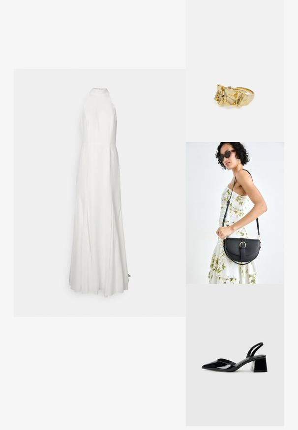 Ilga, balta, halter tipo suknelė su prigludusia liemens dalimi ir plazdžia sijonu. Sklandžios medžiagos tekstūra, matomų raštų ar akcentų nėra.; Juodos lakuotos odinės šlepetės su smailiu pirštu ir geometriniu bloko kulnu. Turi elegantišką, minimalistinį dizainą ir lygų paviršių.; Juodas odinis krepšys su išlenkta forma, nuimamu dirželiu ir auksiniais detalėmis. Krepšys turi kilpą su sagtimi.; Aukso žiedas su tekstūruotu, banguotu dizainu, turintis tris iškilias viršūnes. Lygus, blizgus paviršius su atviromis juostelėmis, leidžiančiomis reguliuoti dydį.