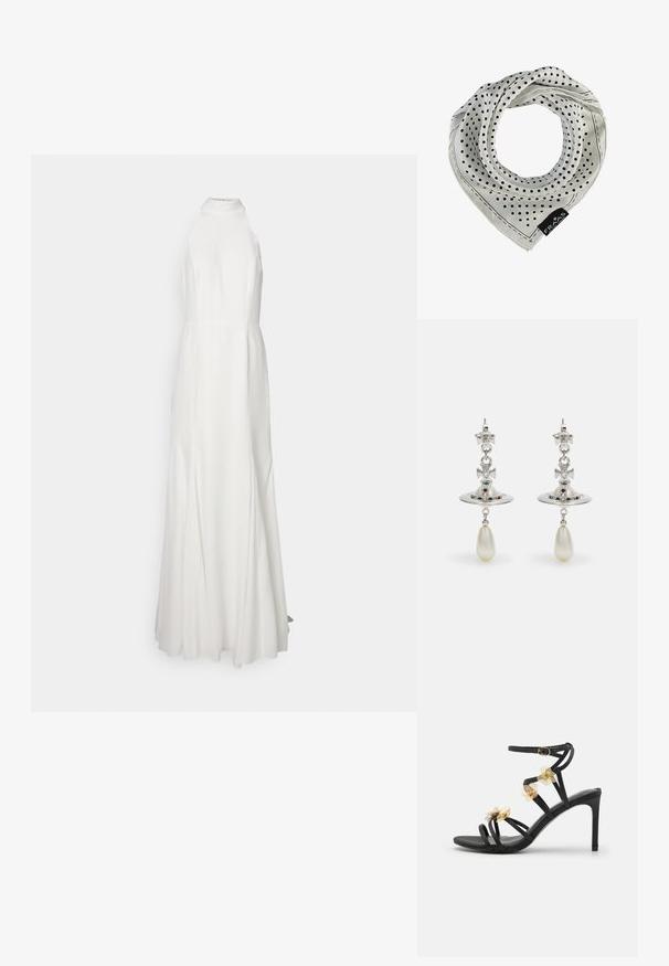 Pitkä, valkoinen, narureunuksinen mekko, jossa on sovitettu yläosa ja virtaava hame. Sujuva kangastyyppi, ei näkyviä kuvioita tai koristeita.; Mustat hihnalliset korkokengät, joissa on herkät kultaiset kukkaelementit ja sileä pinta; sisältää solki sulkemisen nilkkahihnassa.; Pilkkusatiinihuivi valkoisena, jossa on pieniä mustia pisteitä ja ommeltu reuna. Mukana on bränditagi alakulmassa.; Hope hopea, jossa on pyöreä muoto, koristeltu kimaltavilla kivillä ja tipan muotoisella helmipendaatilla. Erityinen muotoilu monimutkaisilla yksityiskohdilla.