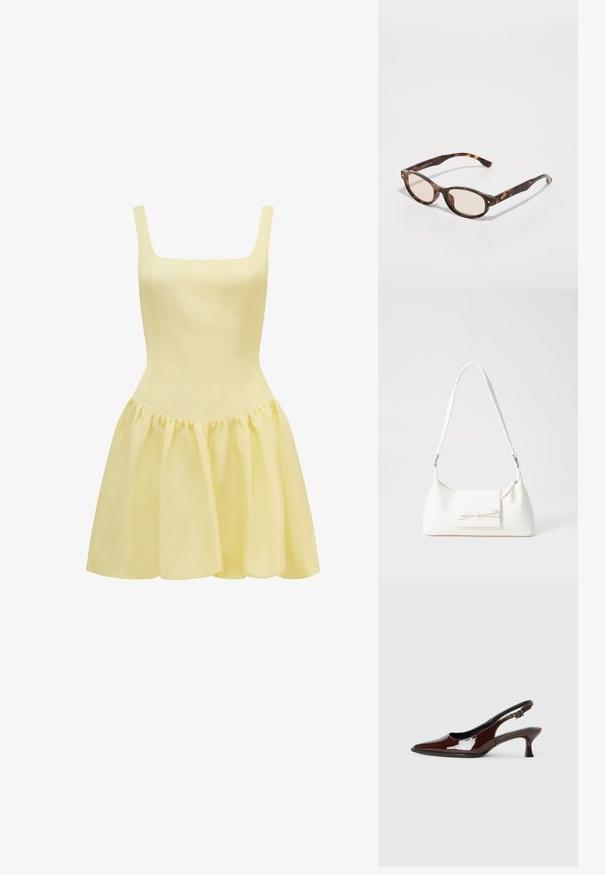 Žuta haljina sa kvadratnim izrezom, tankim naramenicama, uskim korzetom i lepršavom, nabranom suknjom. Napravljena od lagane tkanine.; Smeđe patentne kožne cipele s otvorenom petom, špicastim vrhom i umjerenom petom. Imaju remen s kopčom za sigurno pristajanje. Glatka tekstura.; Naocale u obliku sunca s kornjačevinom i okruglim oblikom, laganim lećama. Imaju čvrste ručke s malim zlatnim detaljima, izrađene od plastičnog materijala.; Bijela sintetička torbica s trokutastim oblikom, ravnim prednjim poklopcem i detaljem u obliku mašne, podesivom remenom, glatkom teksturom i minimalističkim dizajnom.