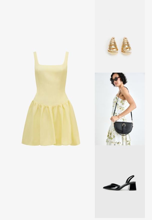 Žuta haljina sa kvadratnim izrezom, tankim naramenicama, uskim korzetom i lepršavom, nabranom suknjom. Napravljena od lagane tkanine.; Crne lakirane kožne sandale s otvorenom petom i špicastim vrhom, s geometrijskom blok petom. Imaju elegantan, minimalistički dizajn i glatku teksturu.; Crna kožna torba s lukovitim oblikom, odvojivim remenom i zlatnim detaljima. Torba ima preklop s kopčom.; Naušnice zlatne boje u obliku izduženih konusa s spiralnim detaljima. Glatka površina s refleksivnim završetkom, s zakrivljenim akcentima.