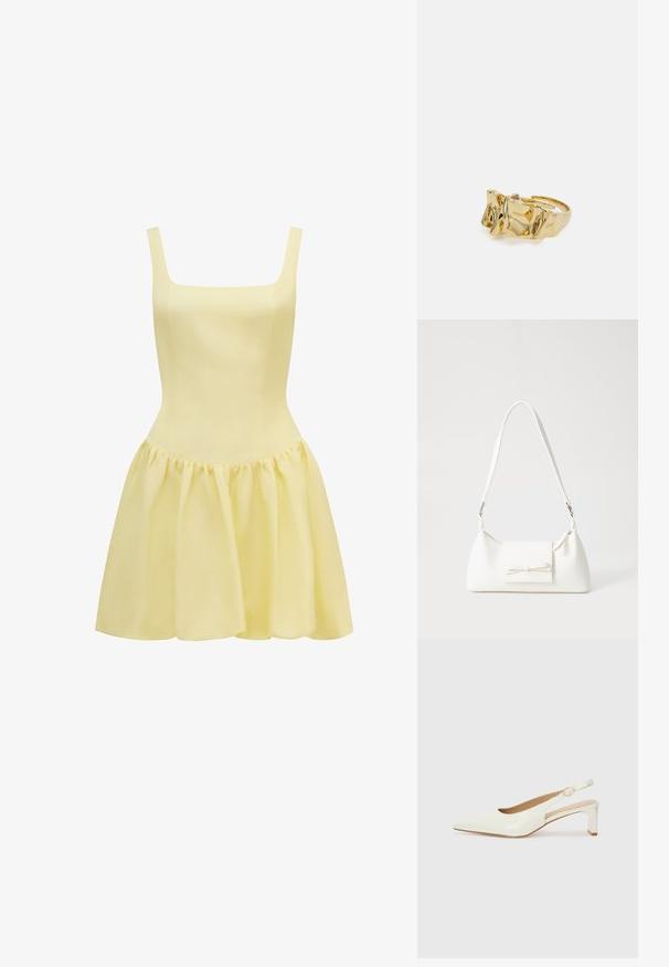 Kollane kleit nelinurkse kaelusega, õhukeste õlapaeltega, sissevoldsitud kehaosaga ja laieneva, kogutud seelikuosaga. Valmistatud kergest kangast.; Valge patentnahast slingback king, millel on terav varvas ja madal plokkkonts. Omab peent rihma koos kuldse detailiga. ; Valge sünteetilisest materjalist kott kolmnurkse kujuga, lame esiklapiga ja kaaredetailiga, reguleeritava rihmaga, sileda tekstuuriga ja minimalistliku disainiga.; Kuldne sõrmus tekstureeritud, lainelise disainiga, millel on kolm silmapaistvat tippu. Sile, läikiv pind ja avatud riba, mis võimaldab reguleeritavat sobivust.