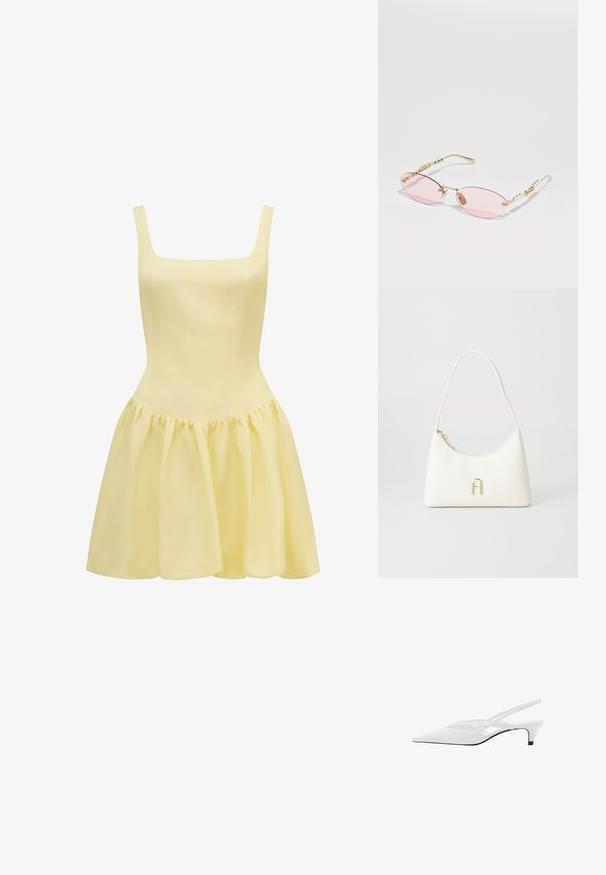Žluté šaty se čtvercovým výstřihem, tenkými ramínky, přiléhavým tělem a rozšířenou, nařasenou sukní. Vyrobené z lehkého materiálu.; Bílé slingback podpatky se špičatou špičkou, s hladkým svrškem, jemnými výřezy a nízkým blokovým podpatkem. Černá podrážka zvýrazňuje design.; Gucci Sluneční brýle - gold-coloured/pink; Bílá kabelka s zakřiveným tvarem a hladkým povrchem. Obsahuje akcent s logem v zlatém tónu a zapínání na zip. Nastavitelný ramenní popruh.