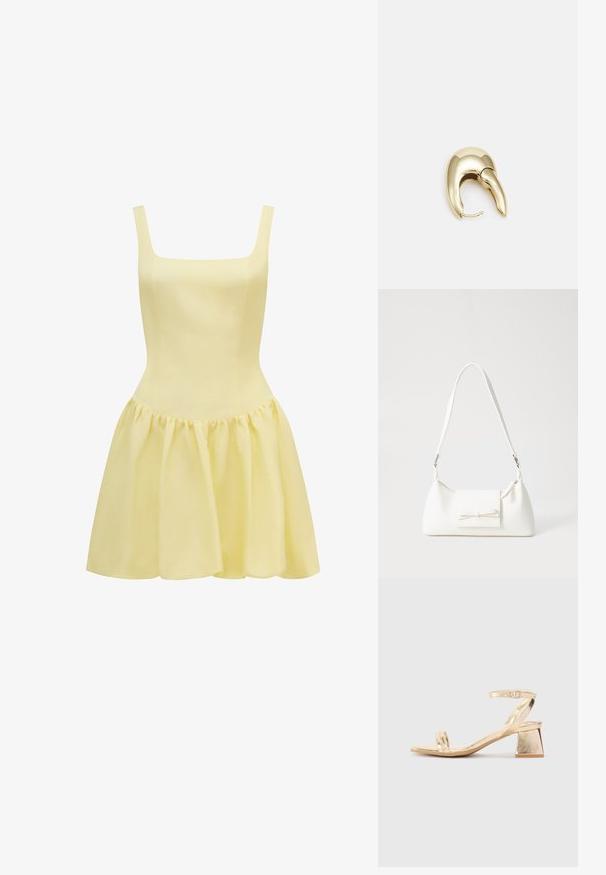Žlté šaty s hranatým výstrihom, tenkými ramienkami, priliehavým telom a rozšírenou sukňou so skladmi. Vyrobené z ľahkej textílie.; Zlaté metalické sandále na podpätku s uhlovým blokovým podpätkom, dvoma pásikmi cez nohu a nastaviteľným pásikom okolo členka. Hladká textúra.; Biela syntetická kabelka s trojuholníkovým tvarom, plochým predným klapkou a detailom mašle, nastaviteľným popruhom, hladkou textúrou a minimalistickým dizajnom.; Náušnice z kovu v zlatej farbe s elegantným, zakriveným dizajnom. Majú charakteristický špicatý tvar, leštený povrch a uzáver na pánt.