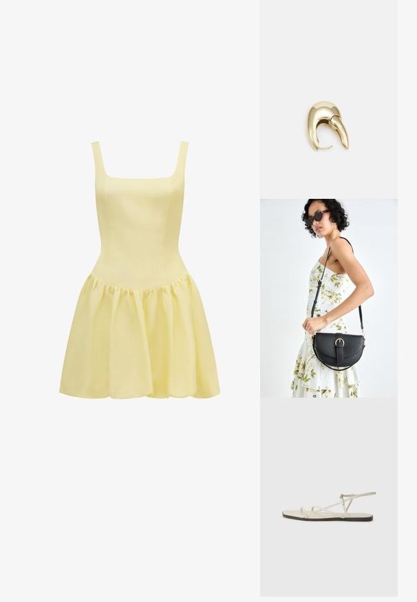 Gul kjole med firkantet utringning, tynne stropper, tettsittende liv, og en utsvingt, rynket skjørt. Laget av lett stoff.; Beige flate sandal med flere slanke stropper og en justerbar spenne. Sålen er flat med en svak mørk kontrast langs kanten.; Svart lærveske med en buet form, avtagbar stropp og gullbeslag. Vesken har et klaff med spenne-detall.; Gullfarget metalløredobber med et elegant, buet design. Har en karakteristisk spiss form, polert overflate og hengsel-lukking.